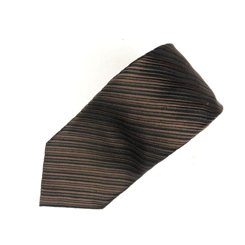 VAN HEUSEN Men's 100% Silk Tie Brown Green Black Textured Stripe Hand Made